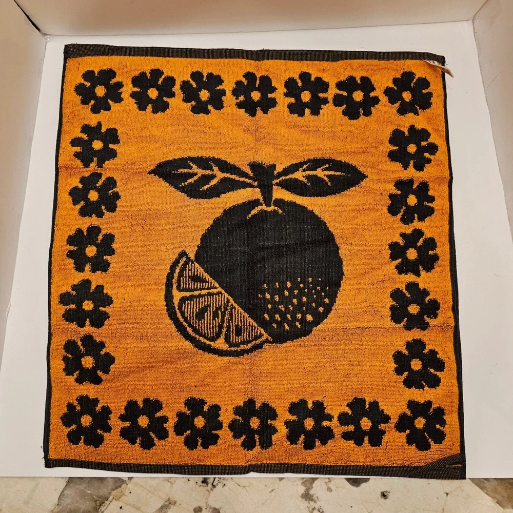 2 Vintage Orange Fruit Floral Cotton Hand Towel Black Orange Made in Portugal 19